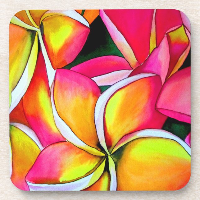 Neon pink Frangipani Plumeria Beach art flowers Beverage Coaster (Front)