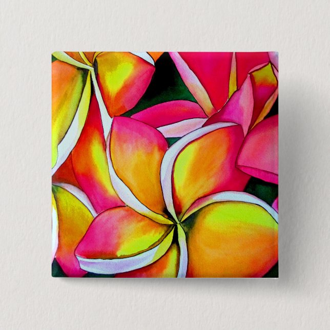 Neon pink Frangipani Plumeria Beach art flowers Button (Front)