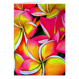 Neon pink Frangipani Plumeria Beach art flowers Cards