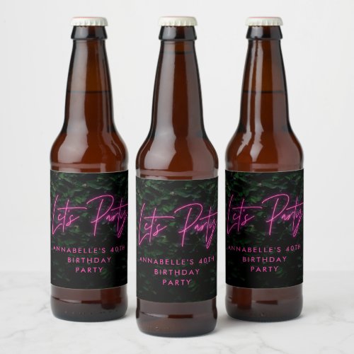 Neon pink funky modern lets party contemporary beer bottle label