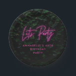 Neon pink funky modern lets party paper plates<br><div class="desc">Neon pink funky modern lets party decor paper plates. Featuring on trend green foliage wall backer with fun bright pink lets party neon tube sign. Text is available in other colors.</div>