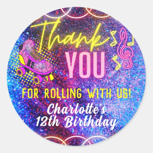 Neon Pink Girls Roller Skating Party Thank You Classic Round Sticker