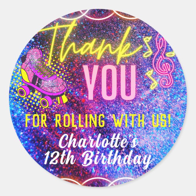 Neon Pink Girl's Roller Skating Party Thank You Classic Round Sticker (Front)