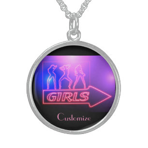 Neon Pink Girls Sign Thunder_Cove Sterling Silver Necklace