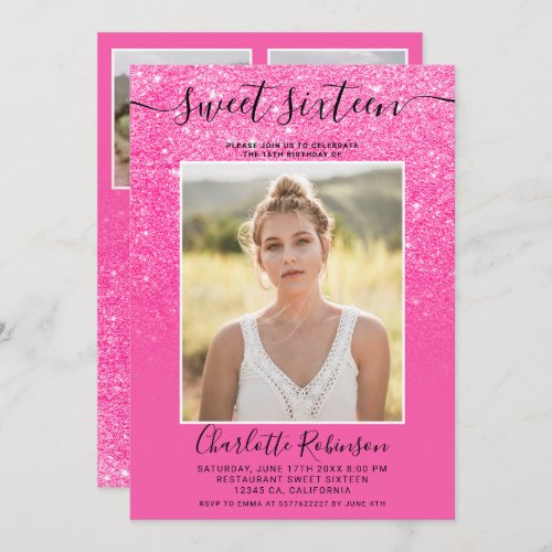 Neon pink glitter ombre girly chic photos Sweet 16 Invitation