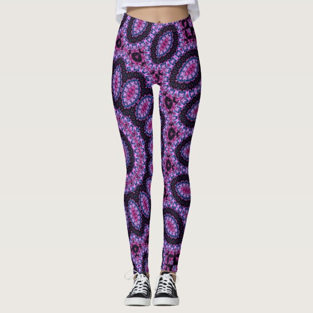 Neon Pink Glow Blacklight Rave Mandala Leggings (Front)