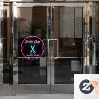 Neon Pink Glow Scissors Hair Salon Business Logo Window Cling