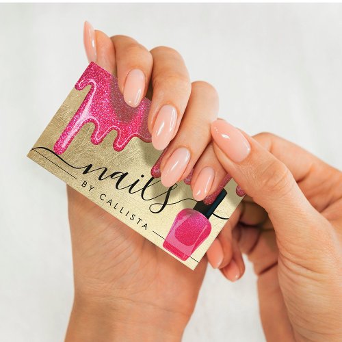 Neon Pink Gold Thick Glitter Drips Polish Nails Business Card