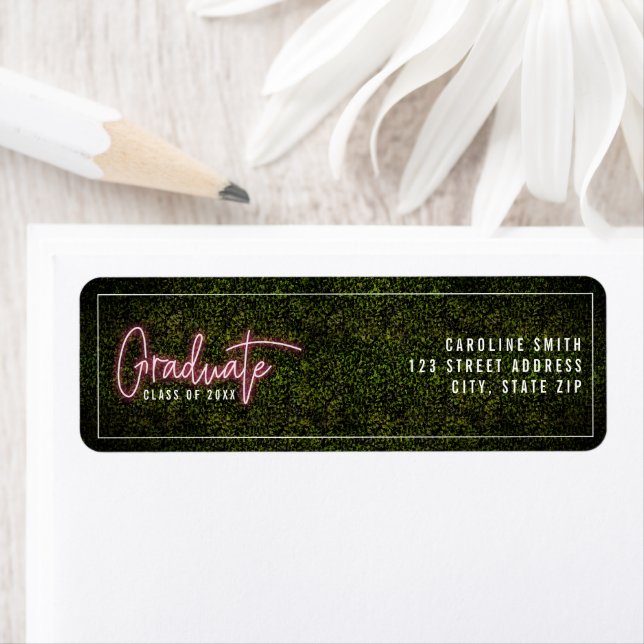 Neon Pink "Graduate" Class of Greenery Graduation Label (Insitu)