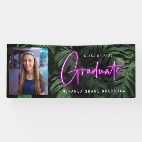 Neon Pink Graduate Tropical Leaves Photo Banner