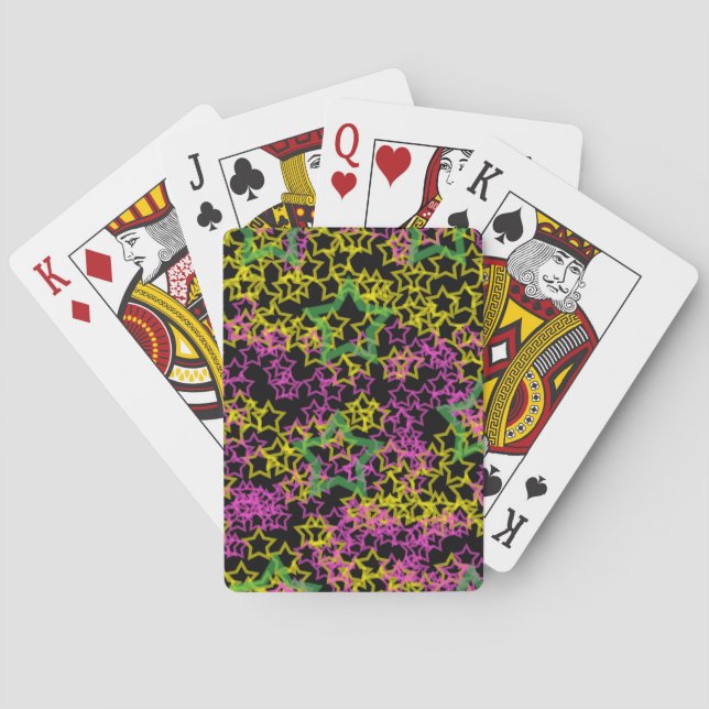Neon Pink Green and Yellow Star Outlines on Black Poker Cards (Back)