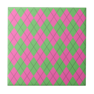 Neon Pink Green Argyle Diamond Pattern Ceramic Tile