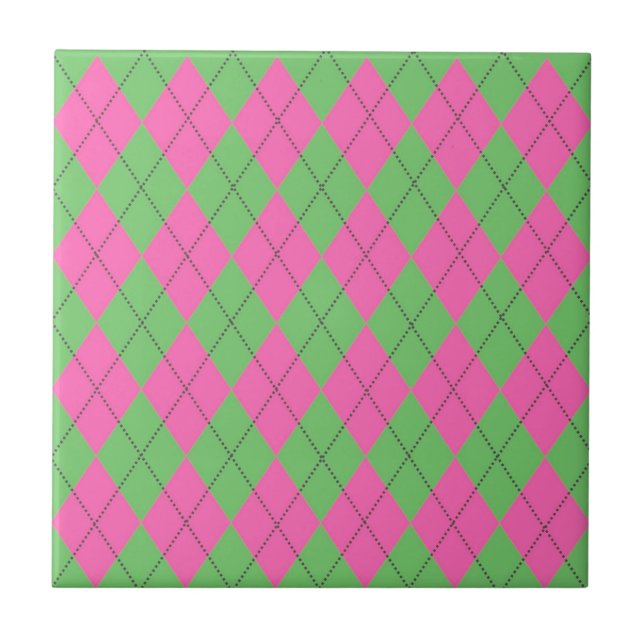 Neon Pink Green Argyle Diamond Pattern Ceramic Tile (Front)