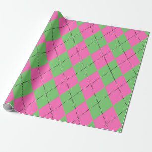Neon Pink Green Argyle Diamond Pattern Wrapping Paper