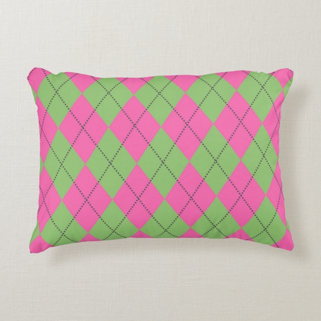 Neon Pink Green Argyle Pattern Accent Pillow (Front)