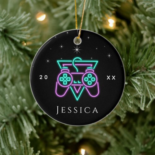 Neon Pink  Green Gamer Gaming Console Name  Year Ceramic Ornament