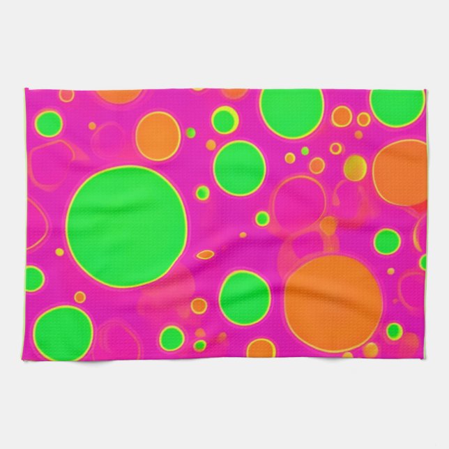 Neon Pink & Green Retro Circle Design Kitchen Towel (Horizontal)
