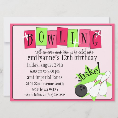 Neon Pink &amp; Green Totally Retro Bowling Birthday P Personalized Invitation
