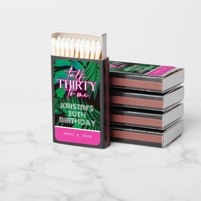 Neon Pink Green Tropical Leaves 30th Birthday Matchboxes (Stacked)
