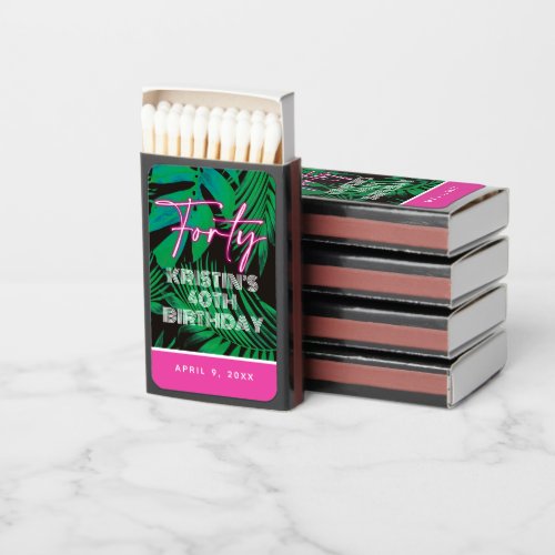 Neon Pink Green Tropical Leaves 40th Birthday Matc Matchboxes