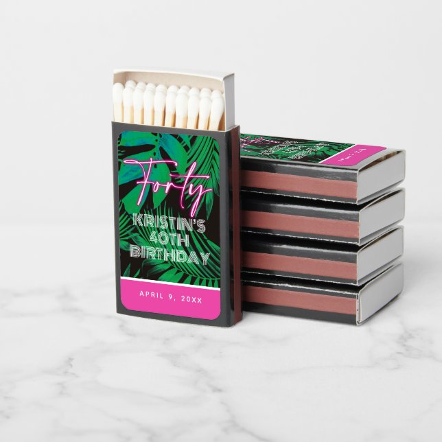 Neon Pink Green Tropical Leaves 40th Birthday Matchboxes (Stacked)