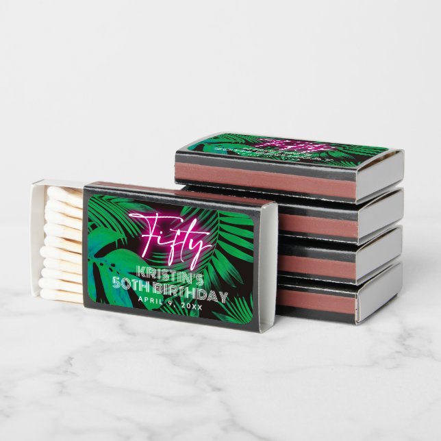 Neon Pink Green Tropical Leaves 50th Birthday Matchboxes (Stacked)