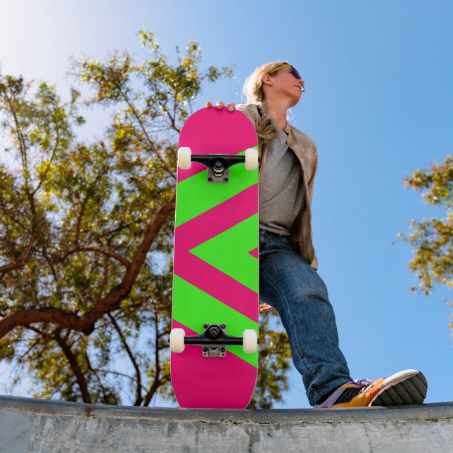 Neon Pink & Green Zigzag Skateboard – Customizable (Outdoor 1)