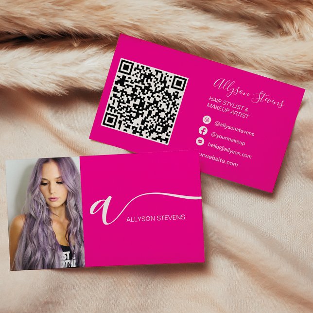 Neon pink hair makeup photo initial qr code business card (Neon pink hair makeup photo initial qr code business card on neon pink)