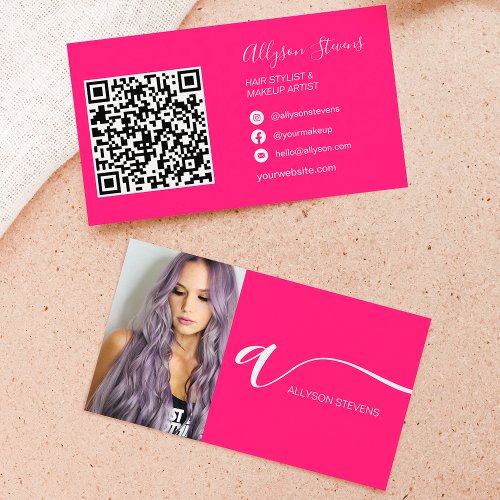 Neon pink hair makeup photo initial qr code business card