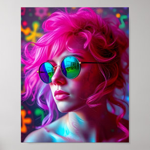 Neon Pink-Haired Woman with Reflective Glasses – M Poster