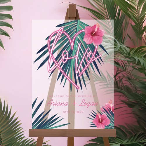 Neon Pink Heart Love Tropical Floral Palm Wedding Acrylic Sign