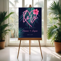 Neon Pink Heart Love Tropical Floral Palm Wedding
