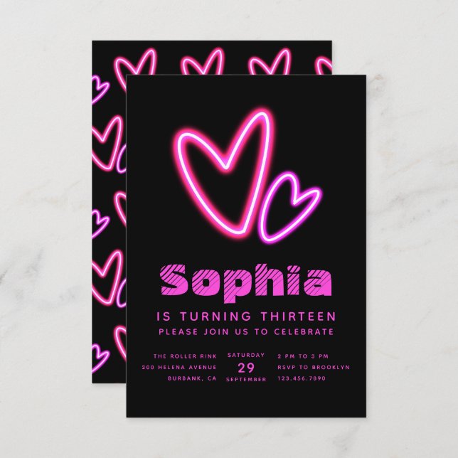 Neon Pink Hearts Birthday Party Invitation (Front/Back)