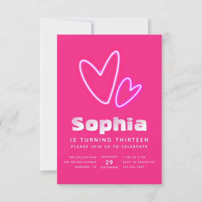 Neon Pink Hearts Birthday Party Invitation (Front)