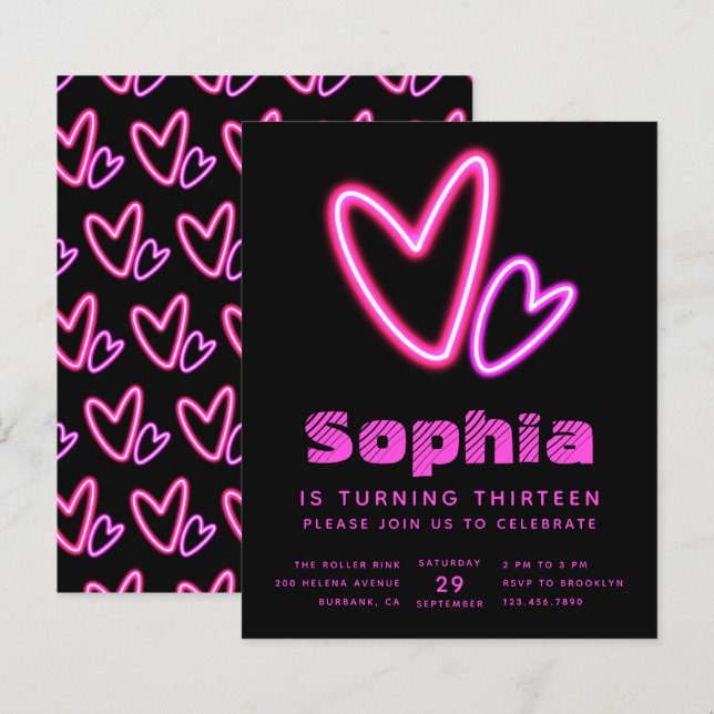 Neon Pink Hearts Budget Birthday Party Invitation (Front/Back)
