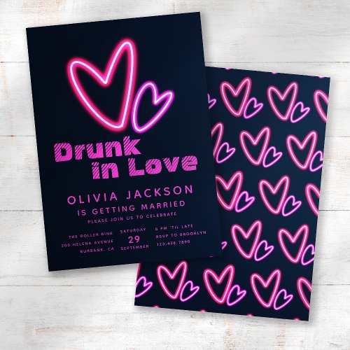 Neon Pink Hearts Drunk in Love Bridal Shower Invitation