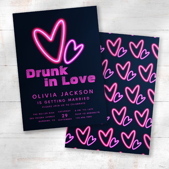 Neon Pink Hearts Drunk in Love Bridal Shower Invitation (Creator Uploaded)
