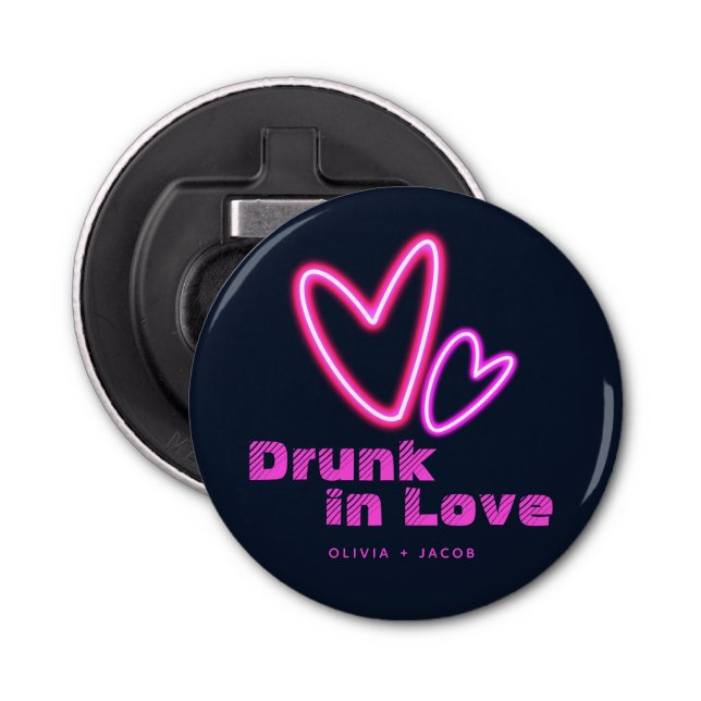 Neon Pink Hearts Drunk in Love Wedding Bottle Opener (Front)