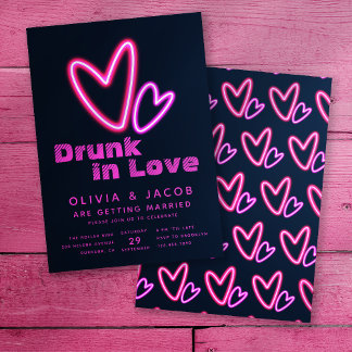 Neon Pink Hearts Drunk in Love Wedding Shower Invitation