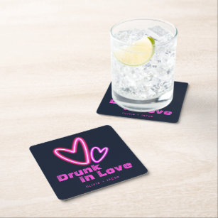 Neon Pink Hearts Drunk in Love Wedding Square Paper Coaster