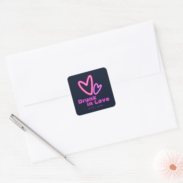 Neon Pink Hearts Drunk in Love Wedding Square Sticker (Envelope)