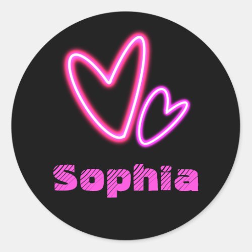 Neon Pink Hearts Name Classic Round Sticker