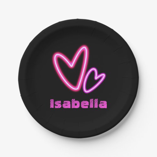 Neon Pink Hearts Name Paper Plates