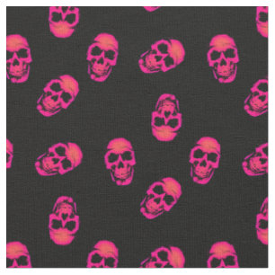 Neon Pink Human Skulls on Black Pattern Fabric