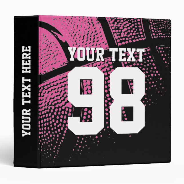 Neon pink jersey number basketball binder for girl (Front/Spine)