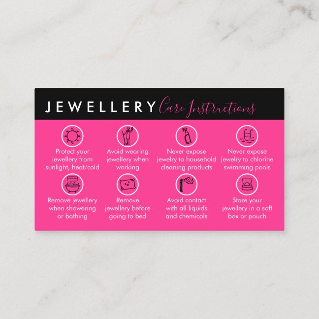 Neon Pink Jewellery Aftercare Instructions Business Card