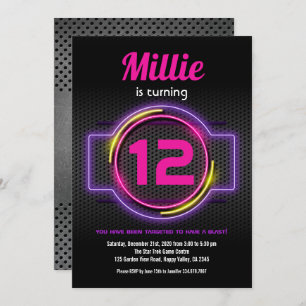Neon Pink Laser Tag Girl Birthday Party Game On Invitation