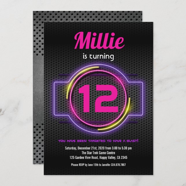 Neon Pink Laser Tag Girl Birthday Party Game On  Invitation (Front/Back)