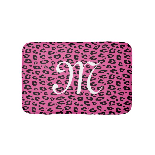 Neon pink leopard animal print monogram bath mat (Front)