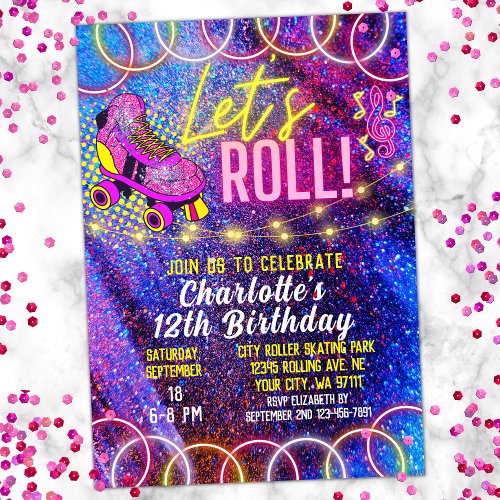Neon Pink Lets Roll Girls Roller Skating Party Invitation